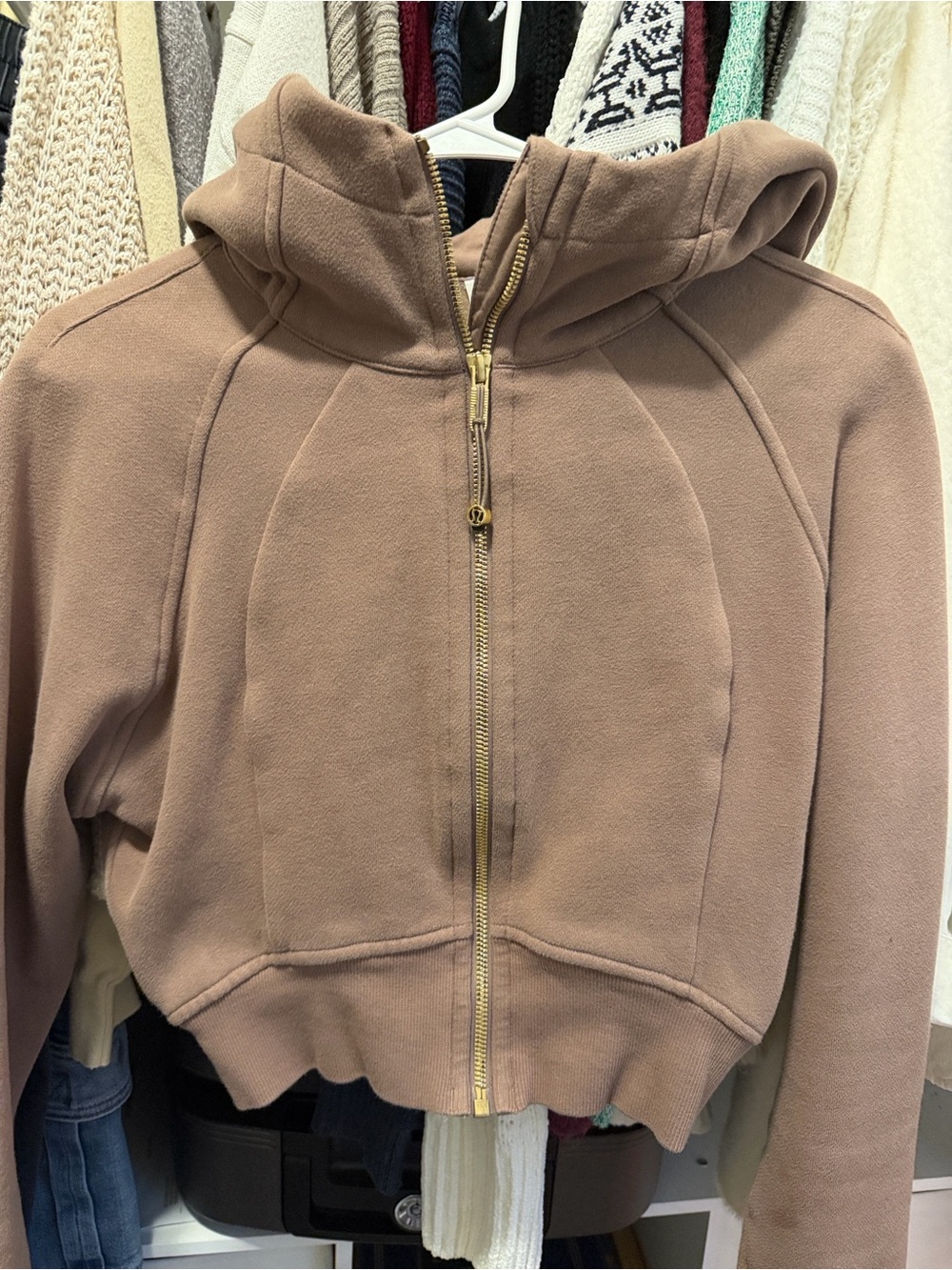 Lululemon Scuba Cropped Hooded Zip Jacket in Taupe/ Gold zipper